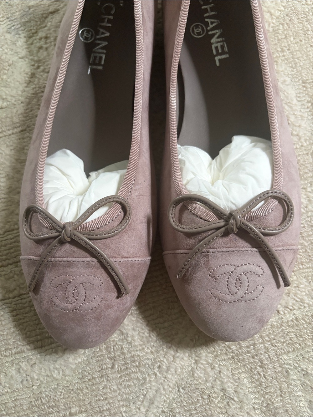 CHANEL Pink Suede CC Bow Ballet Flats
